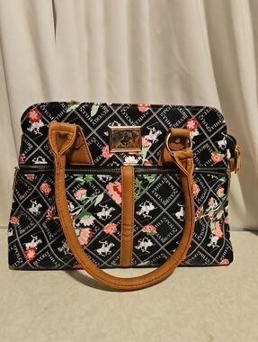Beverly Hills Polo Club Black Floral Satchel with Tan Trim. New